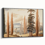 Vintage Landscape Art – Towering Cypress Trees and Scenic Castle – Antique European Wall Art