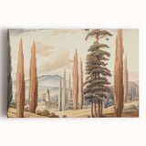 Vintage Landscape Art – Towering Cypress Trees and Scenic Castle – Antique European Wall Art