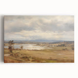 Vintage Landscape Art – Serene Countryside with River and Village – Antique Rural Scene Wall Art