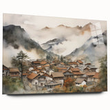Vintage Landscape Art – Misty Mountain Village with Traditional Architecture – Antique Asian Wall Art