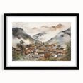 Vintage Landscape Art – Misty Mountain Village with Traditional Architecture – Antique Asian Wall Art