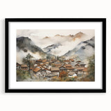 Vintage Landscape Art – Misty Mountain Village with Traditional Architecture – Antique Asian Wall Art