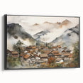 Vintage Landscape Art – Misty Mountain Village with Traditional Architecture – Antique Asian Wall Art