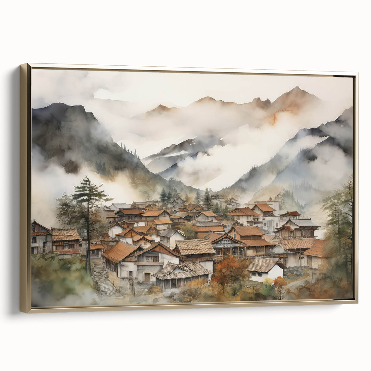 Vintage Landscape Art – Misty Mountain Village with Traditional Architecture – Antique Asian Wall Art