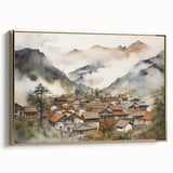 Vintage Landscape Art – Misty Mountain Village with Traditional Architecture – Antique Asian Wall Art