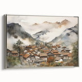Vintage Landscape Art – Misty Mountain Village with Traditional Architecture – Antique Asian Wall Art