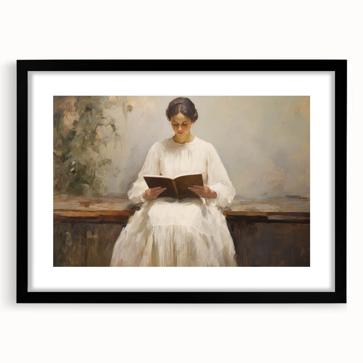 Vintage Portrait Art | Woman Reading on Rustic Bench