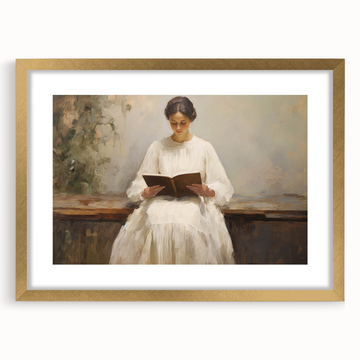 Vintage Portrait Art | Woman Reading on Rustic Bench