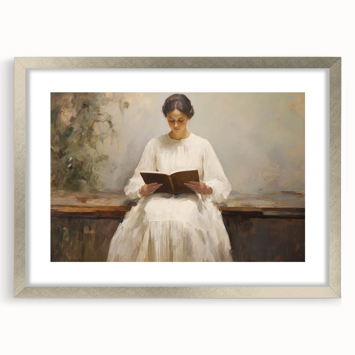 Vintage Portrait Art | Woman Reading on Rustic Bench