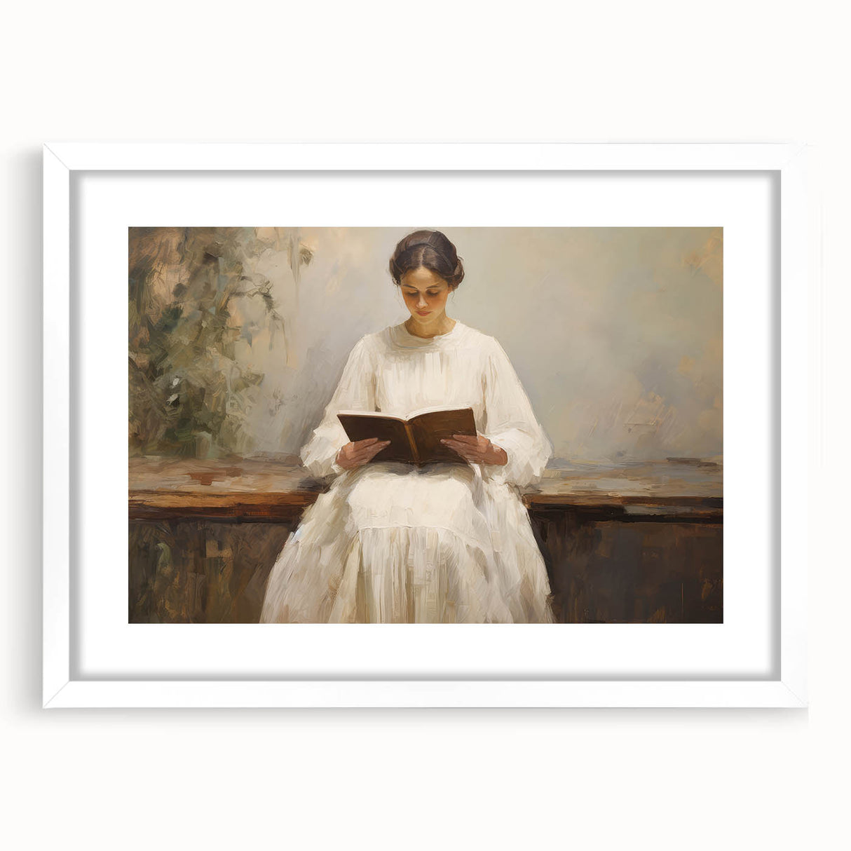 Vintage Portrait Art | Woman Reading on Rustic Bench