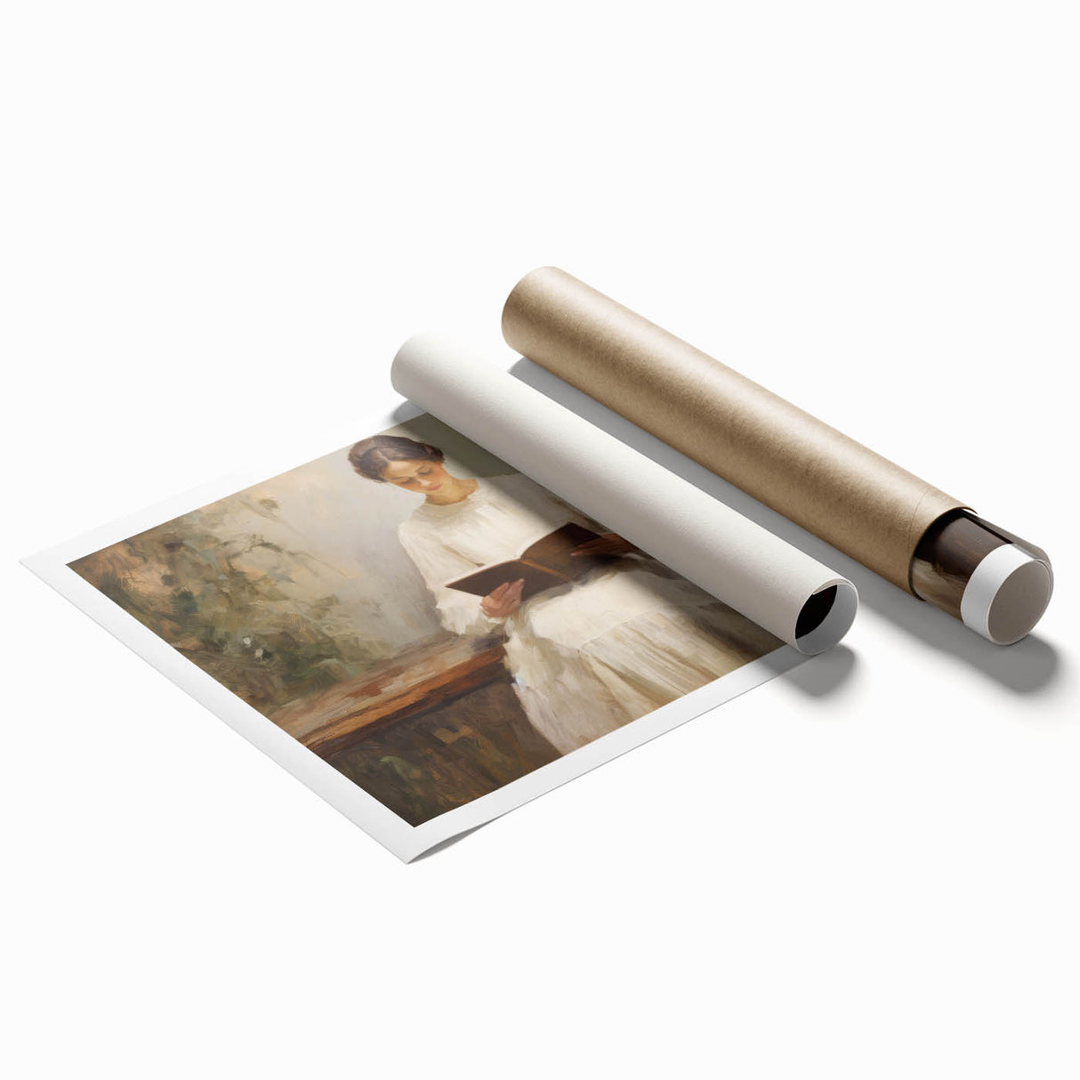 Vintage Portrait Art | Woman Reading on Rustic Bench