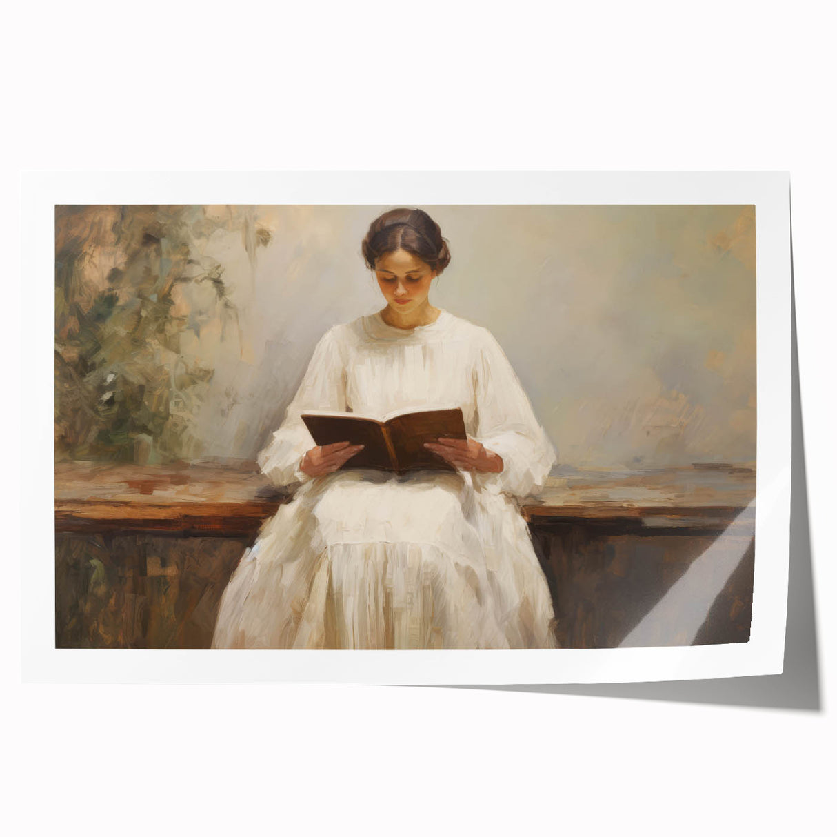 Vintage Portrait Art | Woman Reading on Rustic Bench