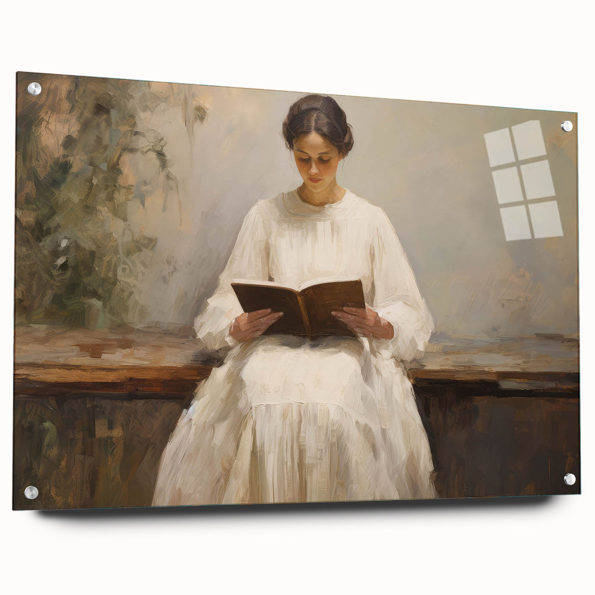 Vintage Portrait Art | Woman Reading on Rustic Bench