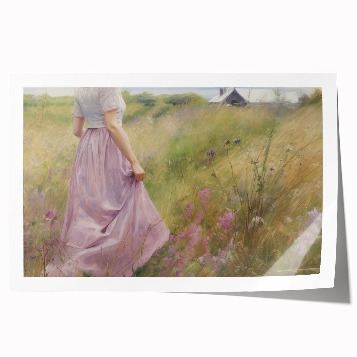 Vintage Portrait Art | Woman in Flower Field with Lilac Dress