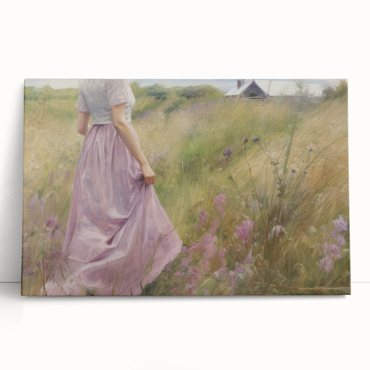 Vintage Portrait Art | Woman in Flower Field with Lilac Dress