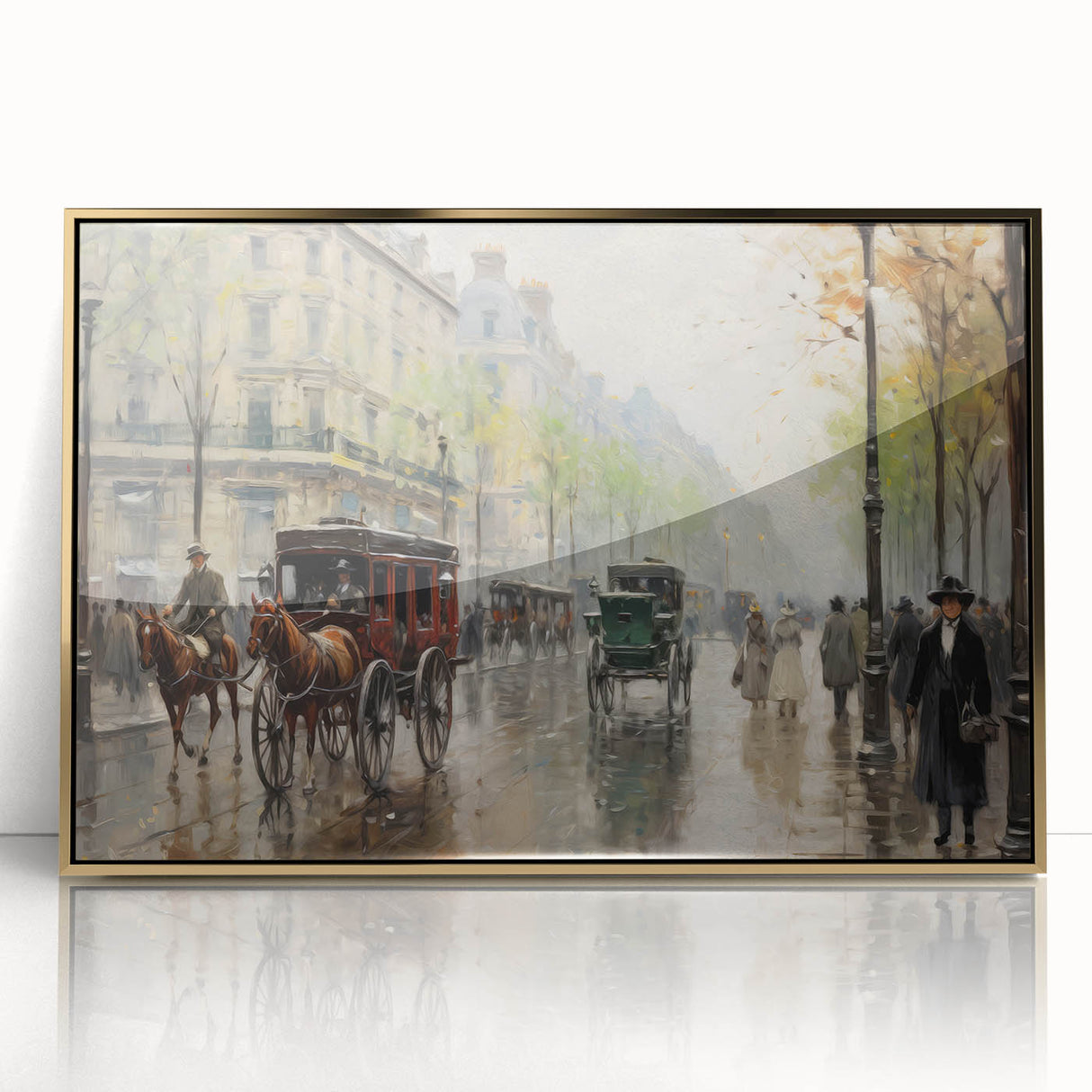 Vintage Portrait Art | Bustling Paris Street Scene in Rain