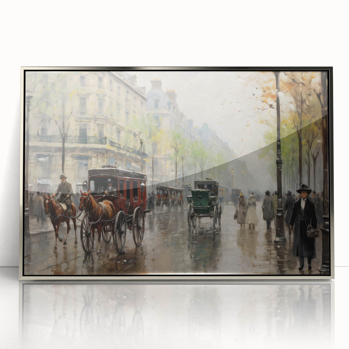 Vintage Portrait Art | Bustling Paris Street Scene in Rain