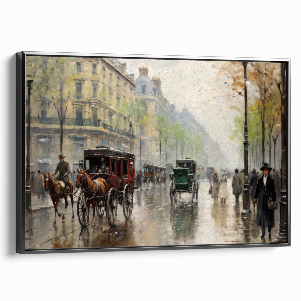 Vintage Portrait Art | Bustling Paris Street Scene in Rain