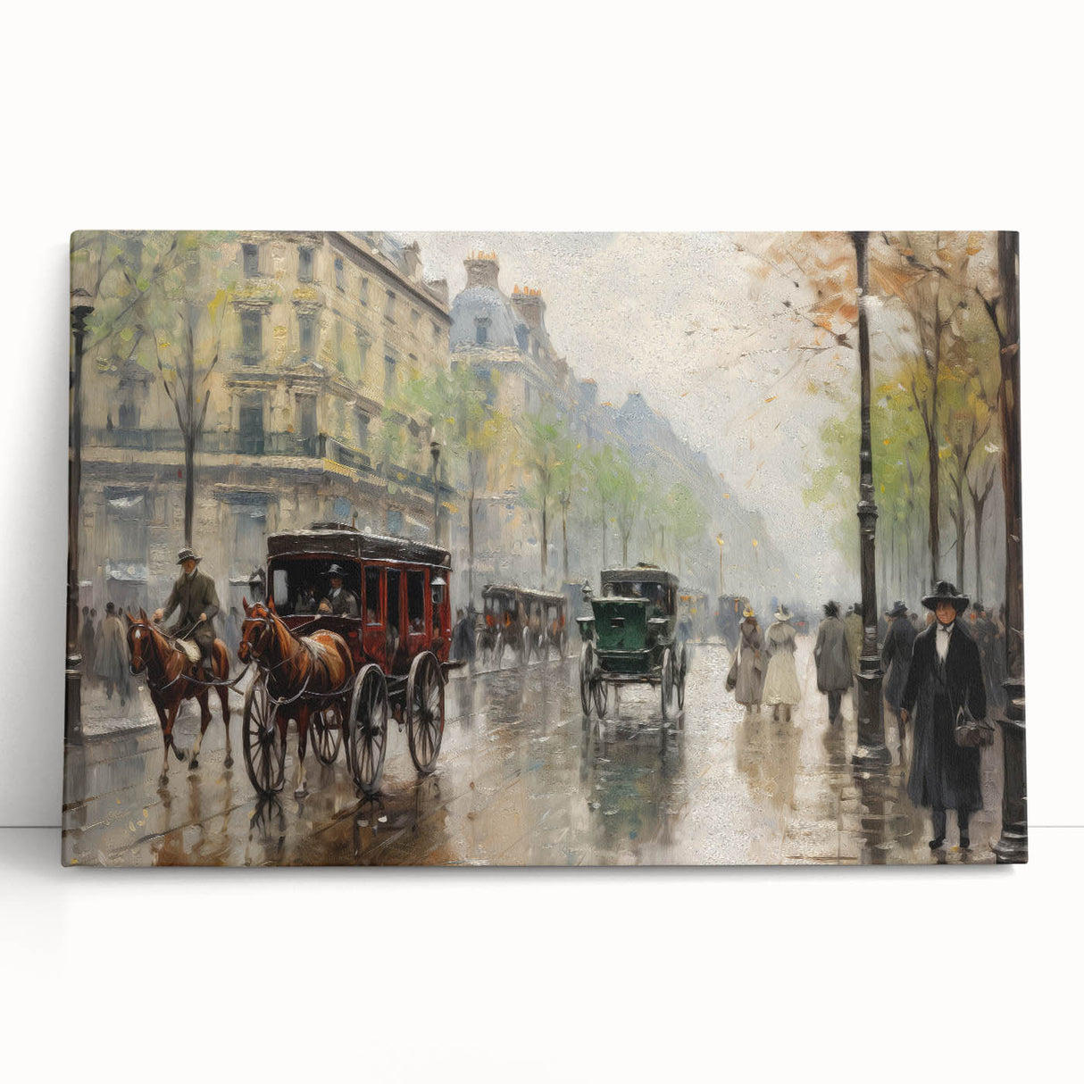 Vintage Portrait Art | Bustling Paris Street Scene in Rain
