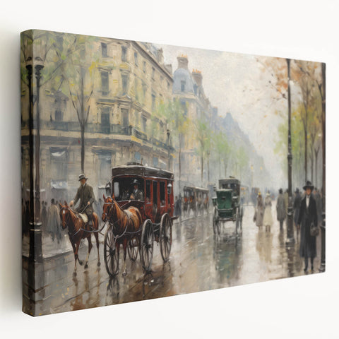 Vintage Portrait Art | Bustling Paris Street Scene in Rain