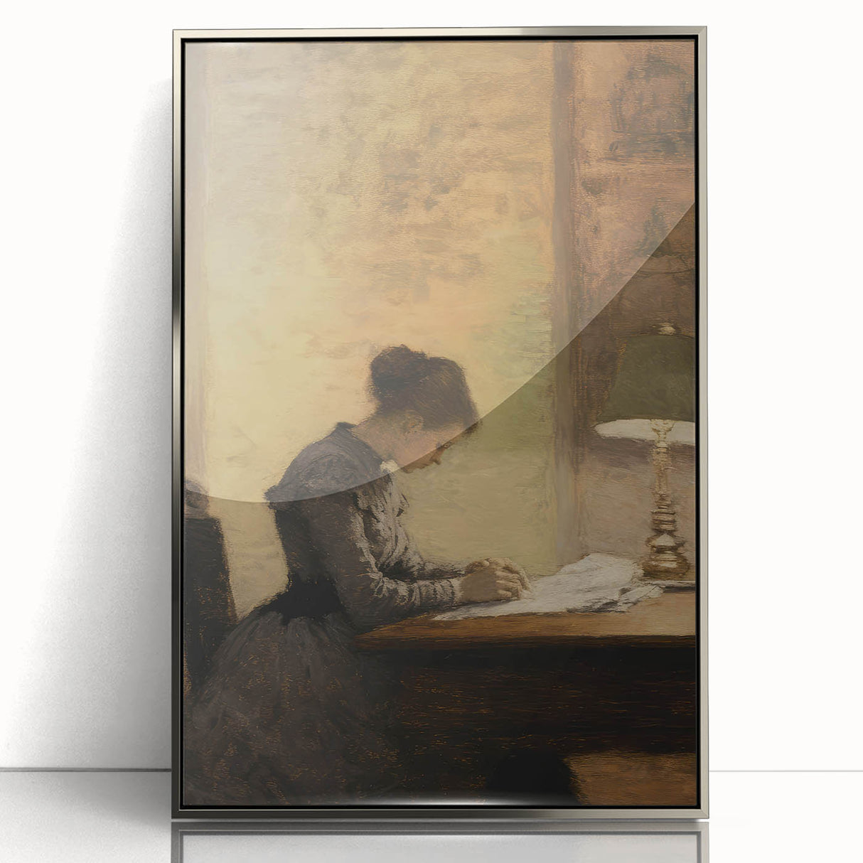 Vintage Portrait Art - Woman Writing by Lamp Antique Canvas