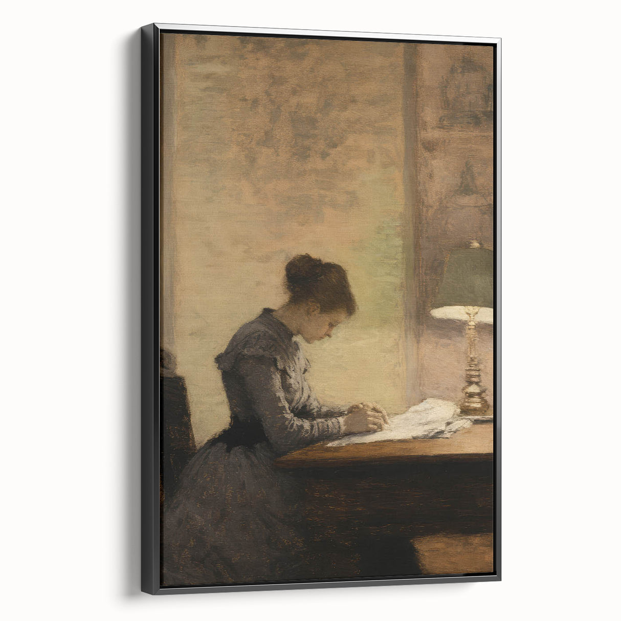 Vintage Portrait Art - Woman Writing by Lamp Antique Canvas