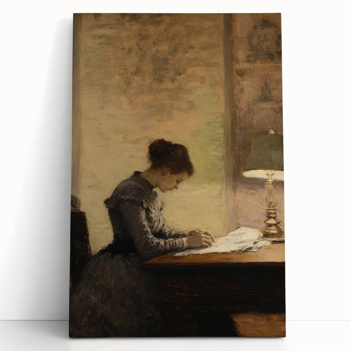 Vintage Portrait Art - Woman Writing by Lamp Antique Canvas