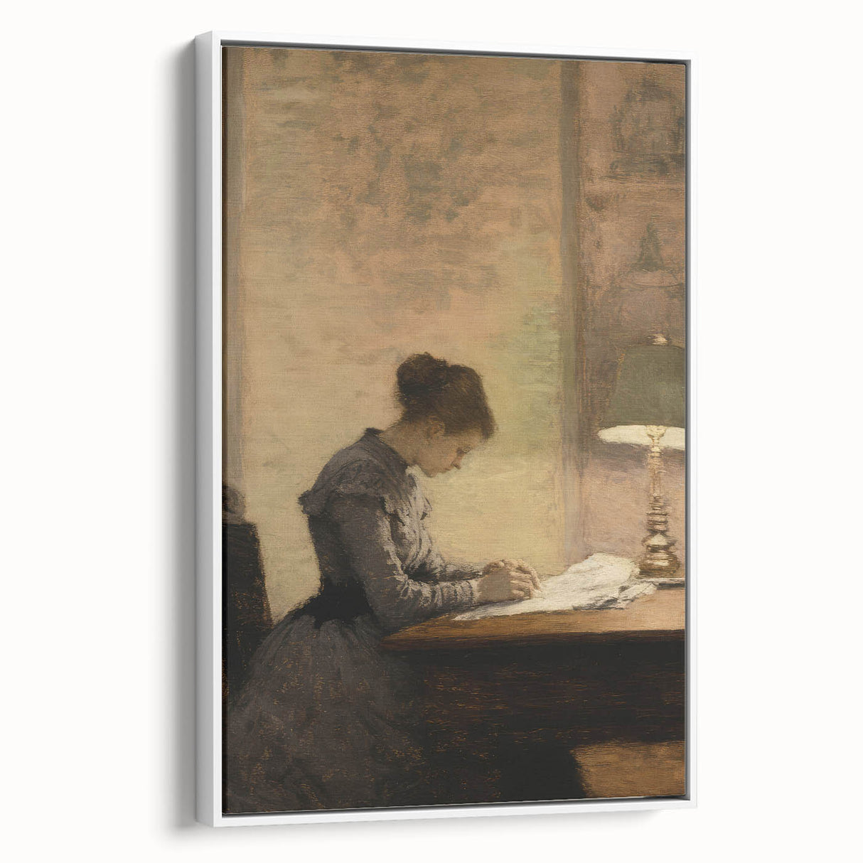 Vintage Portrait Art - Woman Writing by Lamp Antique Canvas
