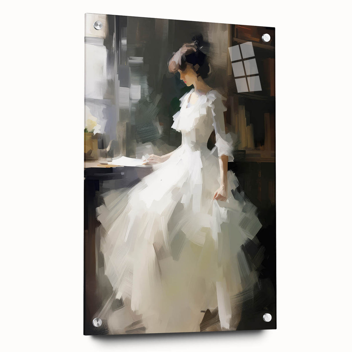 Vintage Portrait Art - Elegant Lady in White by Window Canvas