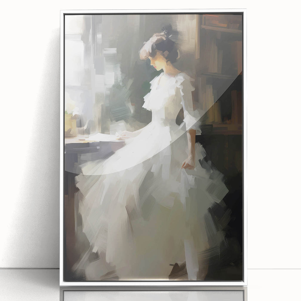 Vintage Portrait Art - Elegant Lady in White by Window Canvas