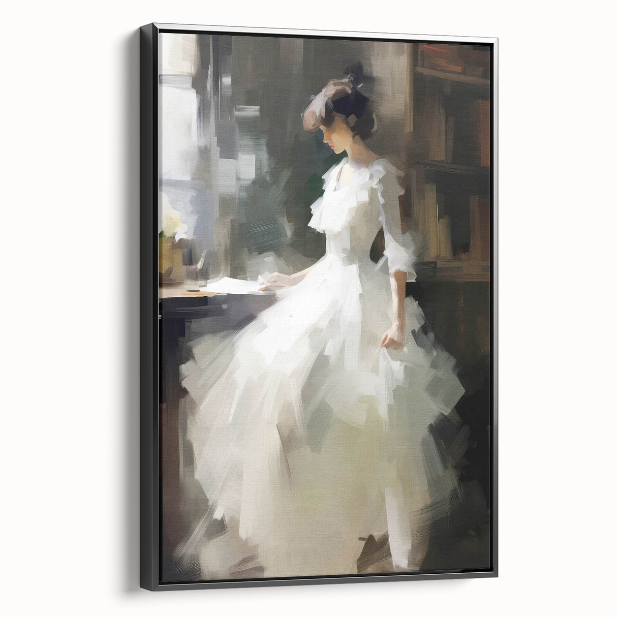 Vintage Portrait Art - Elegant Lady in White by Window Canvas