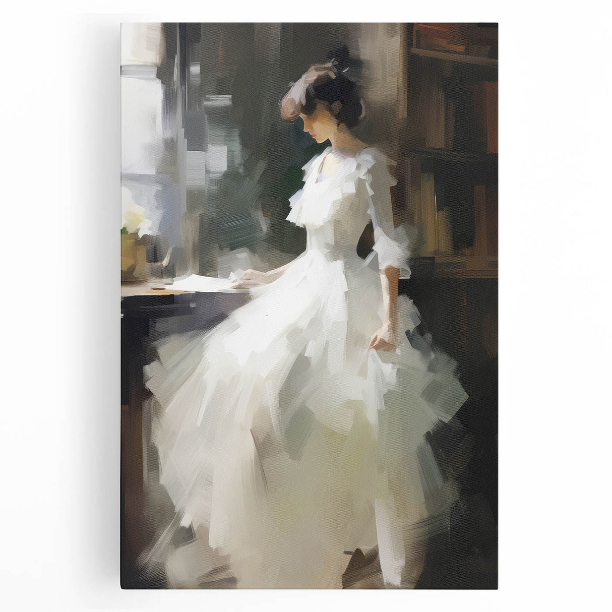 Vintage Portrait Art - Elegant Lady in White by Window Canvas