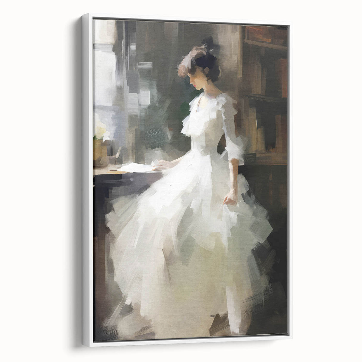 Vintage Portrait Art - Elegant Lady in White by Window Canvas