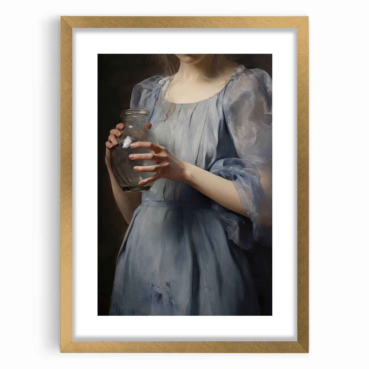 Classic Portrait Artwork - Woman in Blue Holding Glass Vase