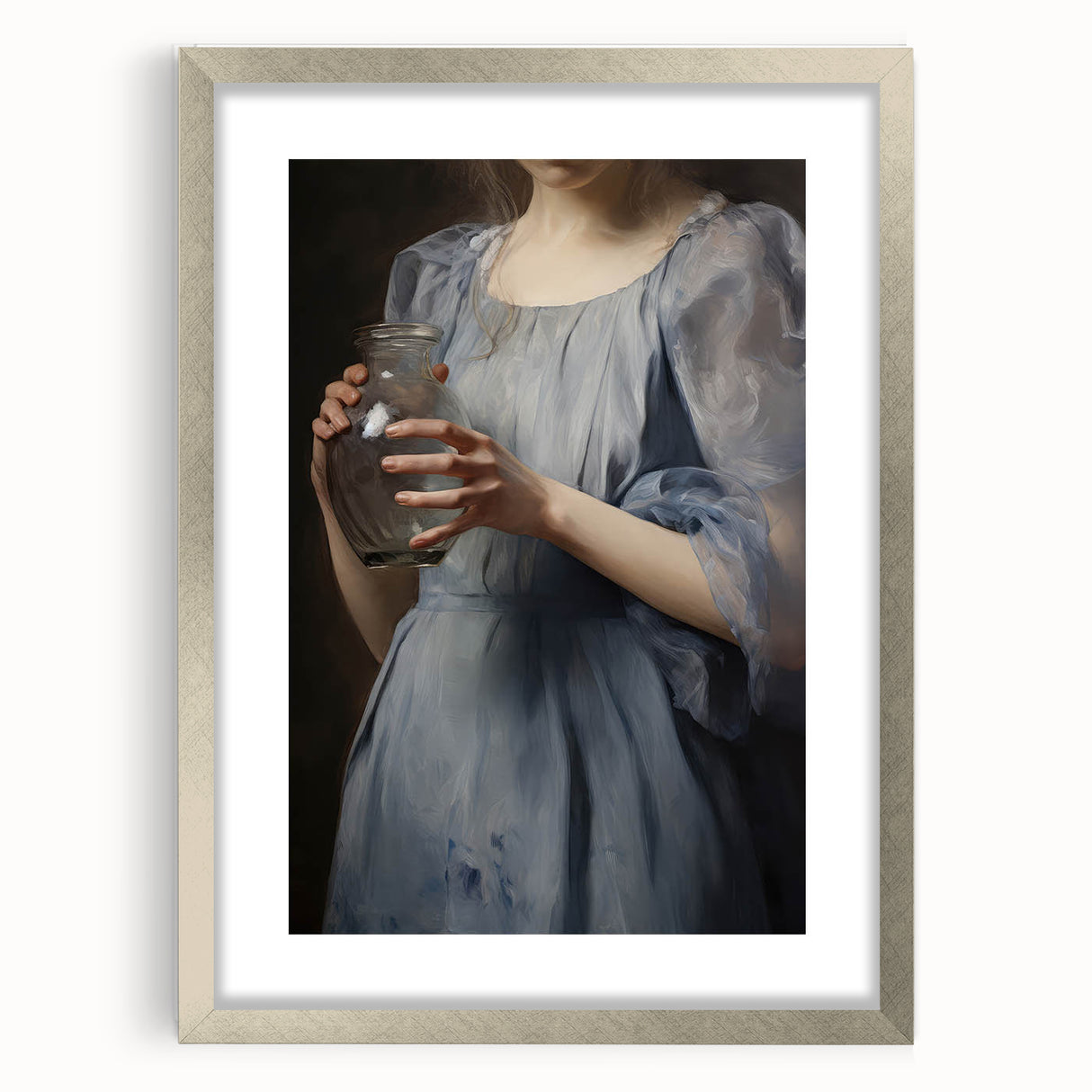 Classic Portrait Artwork - Woman in Blue Holding Glass Vase