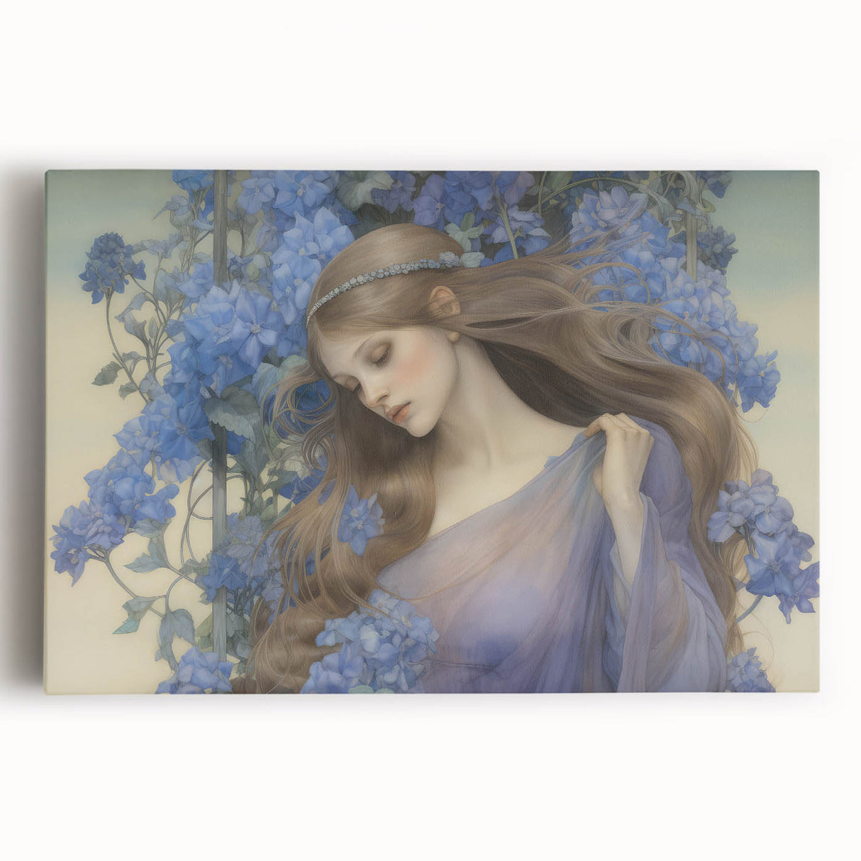 Vintage Portrait Art – Lady in Blue Flowers Canvas Print