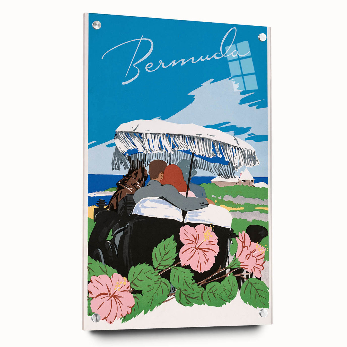Vintage Bermuda Travel Poster – Retro Couple with Umbrella Art