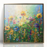 Framed wall art featuring a vibrant wildflower design with a gold-acrylic front, perfect for adding a touch of nature-inspired elegance to any interior decor. This piece showcases colorful floral elements against a clean background, enhancing its visual appeal and making it ideal for home or office decoration.