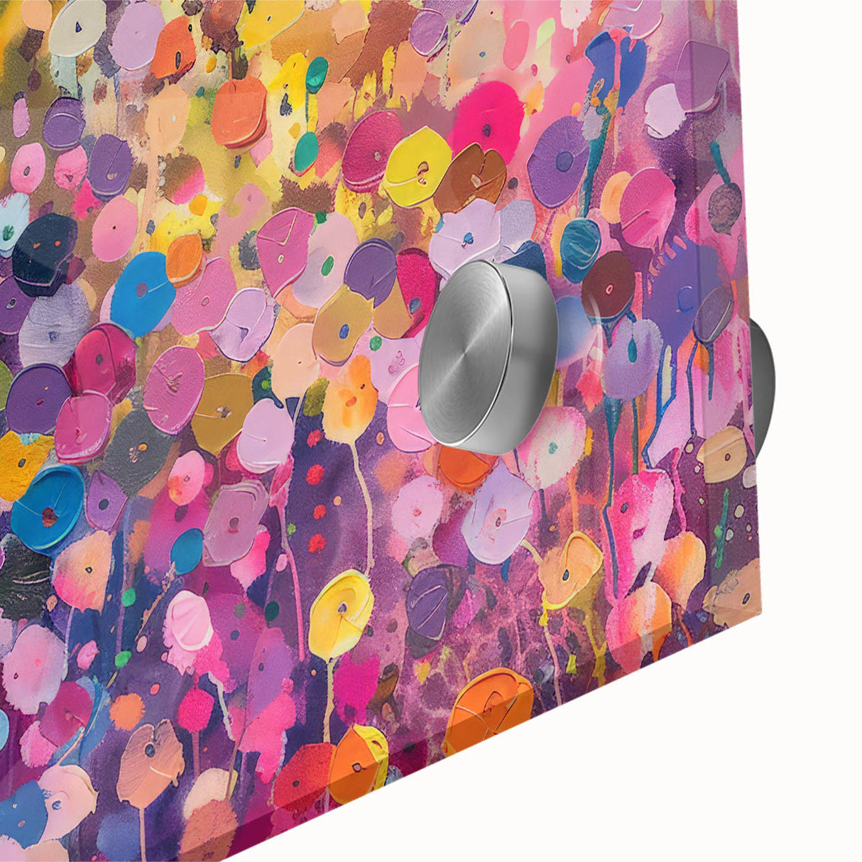 Close-up of vibrant wildflower wall art collection displayed on acrylic glass, showcasing intricate floral details and rich colors, perfect for home decor.