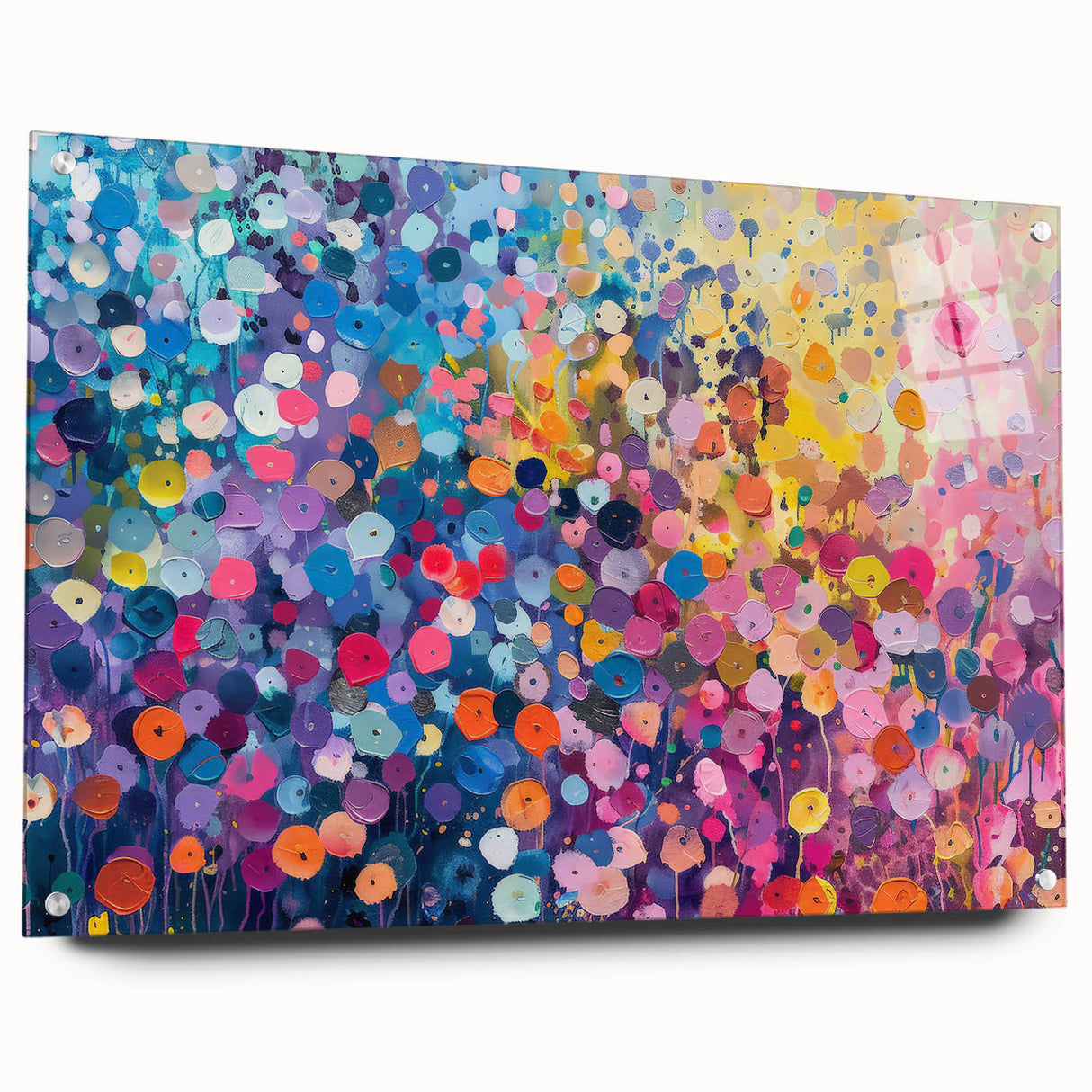 Acrylic glass wall art collection showcasing vibrant wildflower designs, displayed in a side view with decorative pins, perfect for adding a touch of nature to any space.