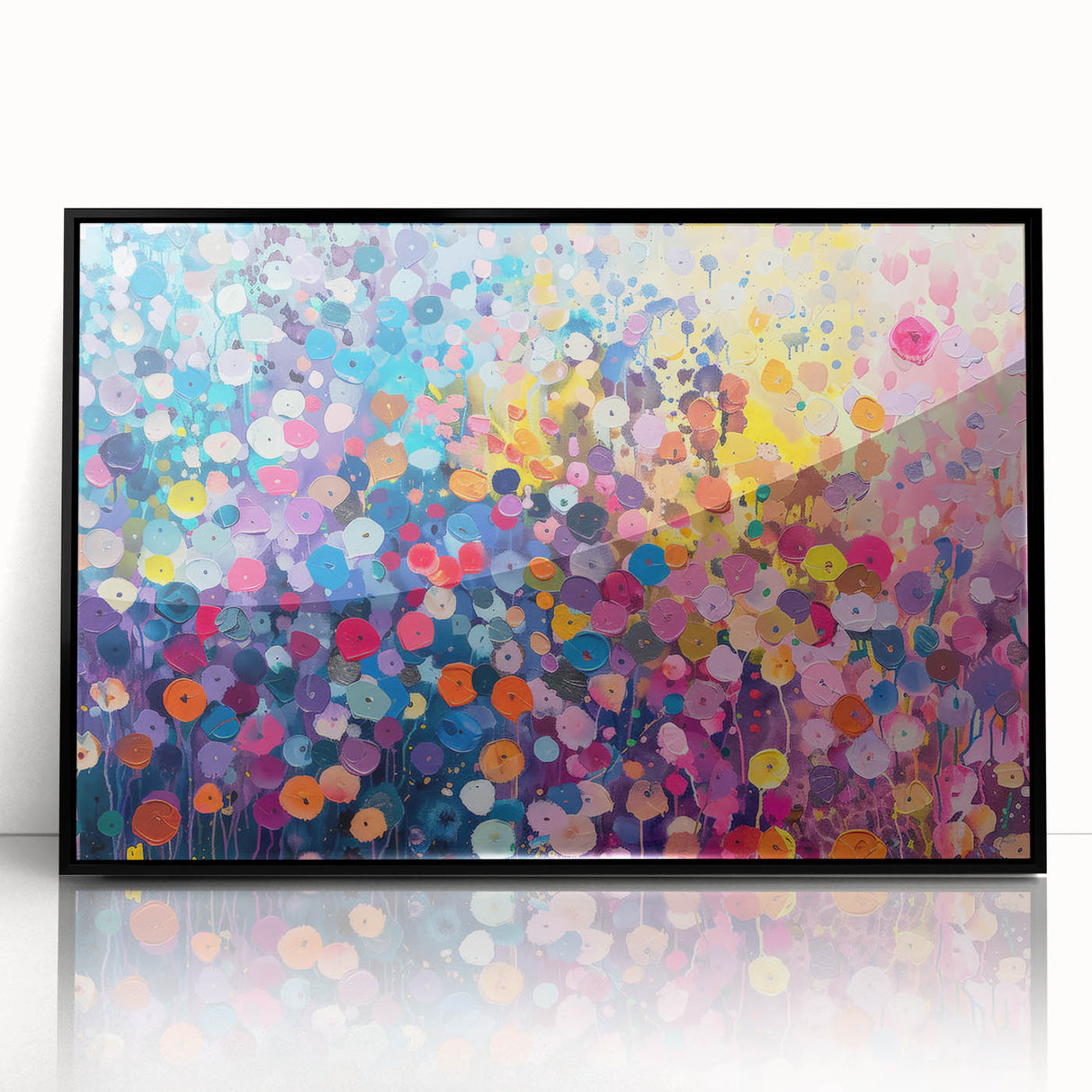 Framed wall art collection showcasing vibrant wildflower design with a sleek black acrylic frame, perfect for enhancing modern home decor.