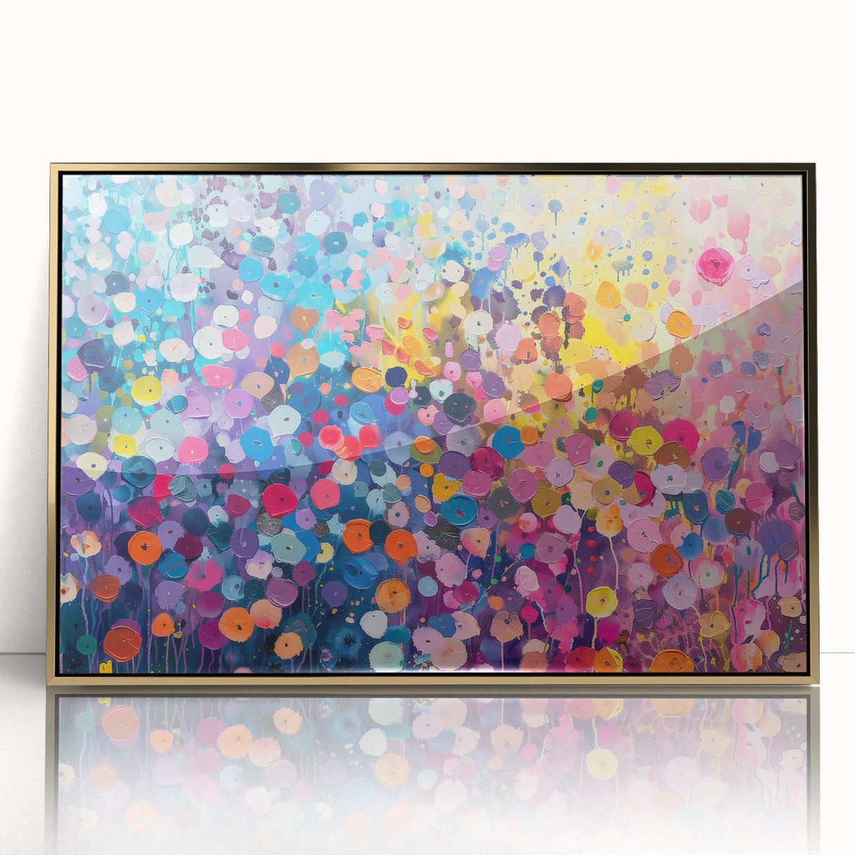 Framed wall art collection showcasing vibrant wildflower designs under a gold acrylic finish, ideal for adding a touch of nature-inspired elegance to any modern interior.