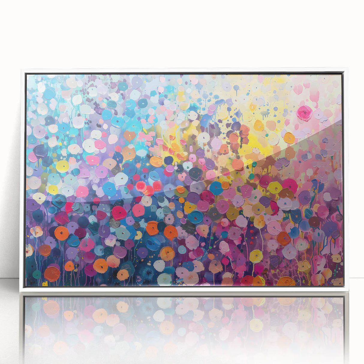 Framed wall art collection featuring vibrant wildflower design in acrylic, showcasing colorful blooms against a white background, ideal for home decor.