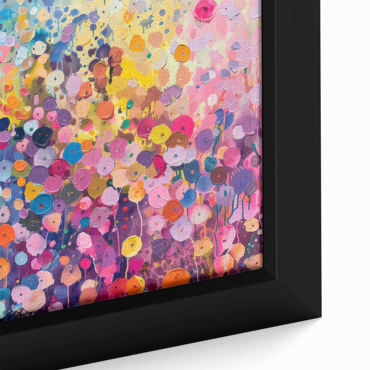 Close-up of a framed canvas wall art piece showcasing a vibrant wildflower design, with intricate details and rich colors, perfect for brightening home decor.