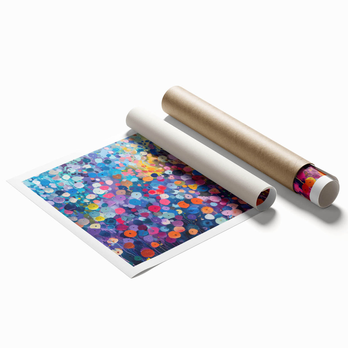 Colorful wildflower wall art print showcasing a vibrant design featuring various blooming flowers in shades of yellow, pink, and blue, ideal for home decor. The rolled print is perfect for framing and brings a fresh touch to any interior space.