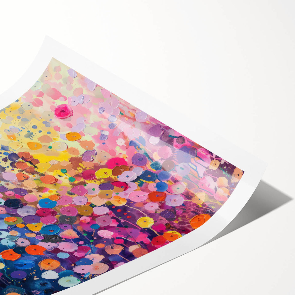 Vibrant rolled print of a wildflower-themed wall art collection, showcasing colorful floral designs on a neutral background, ideal for home decor.