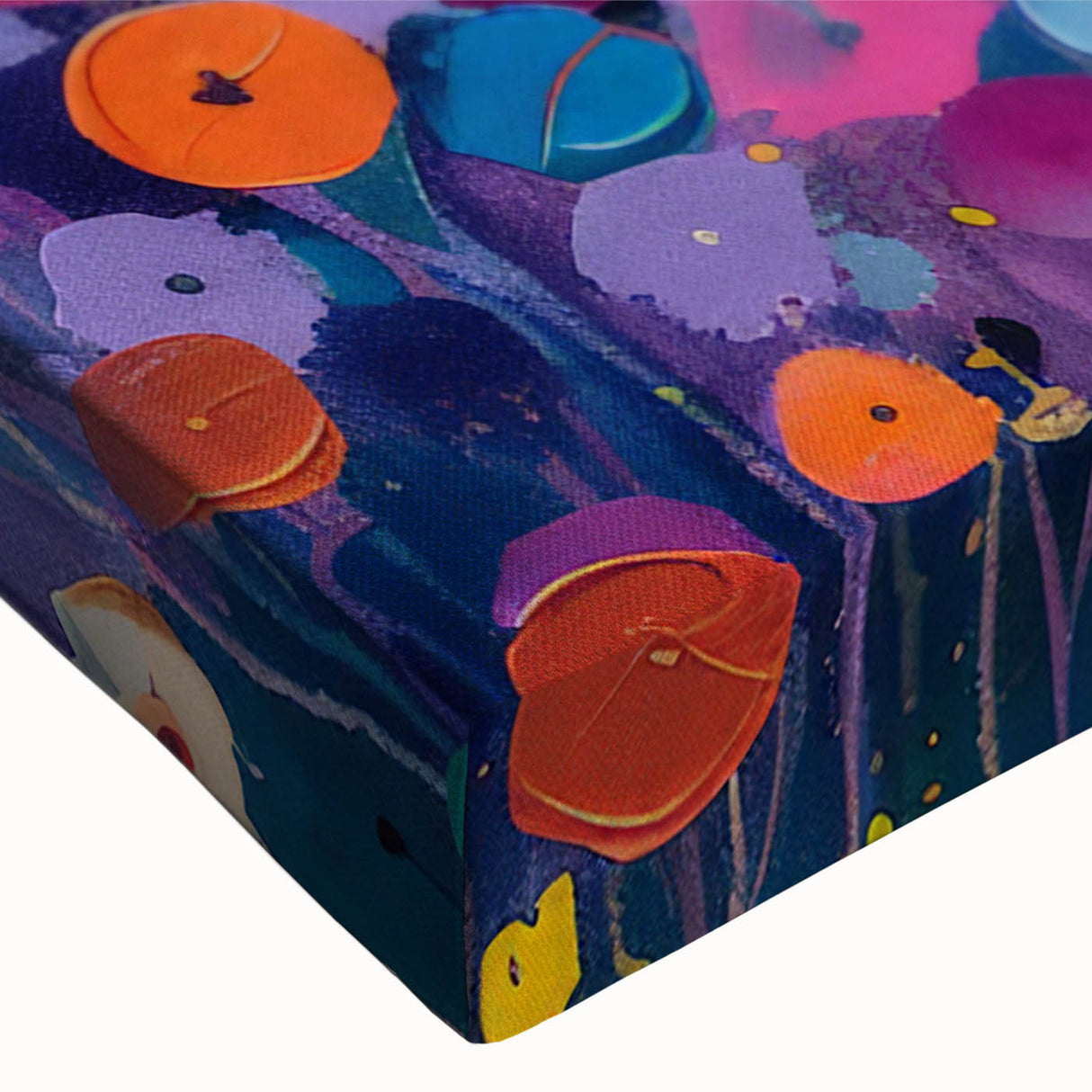 Close-up of a vibrant stretched canvas featuring a wildflower design, showcasing intricate details and rich colors, perfect for enhancing home decor aesthetics.