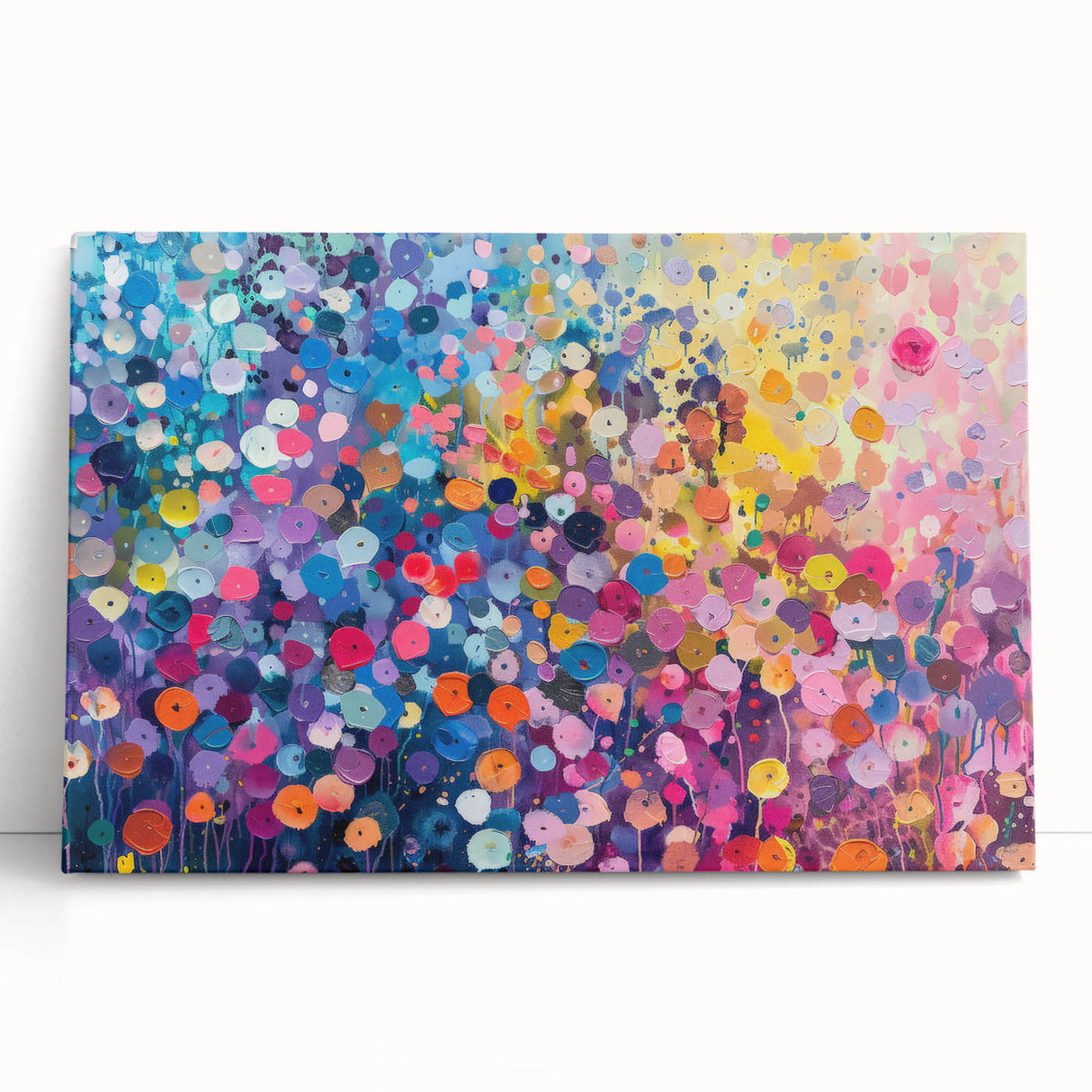 Vibrant stretched canvas wall art showcasing a colorful wildflower design, elegantly leaning against a neutral wall, perfect for enhancing modern home decor.