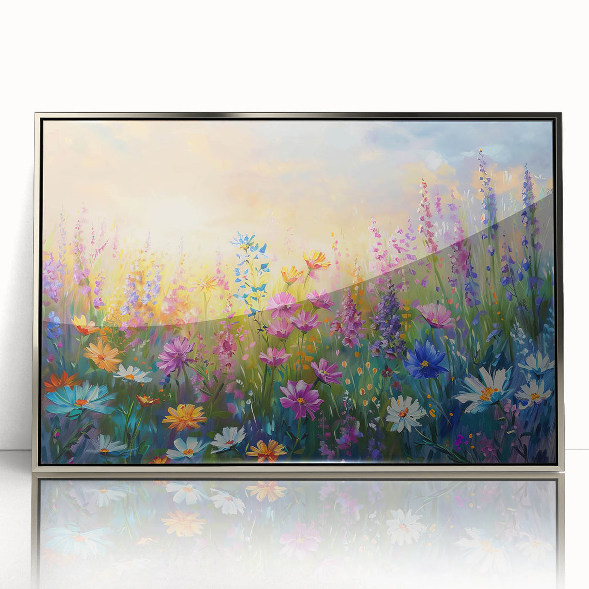 Framed wall art showcasing a vibrant wildflower design in acrylic, with a sleek silver frame, ideal for home decor and enhancing interior aesthetics.