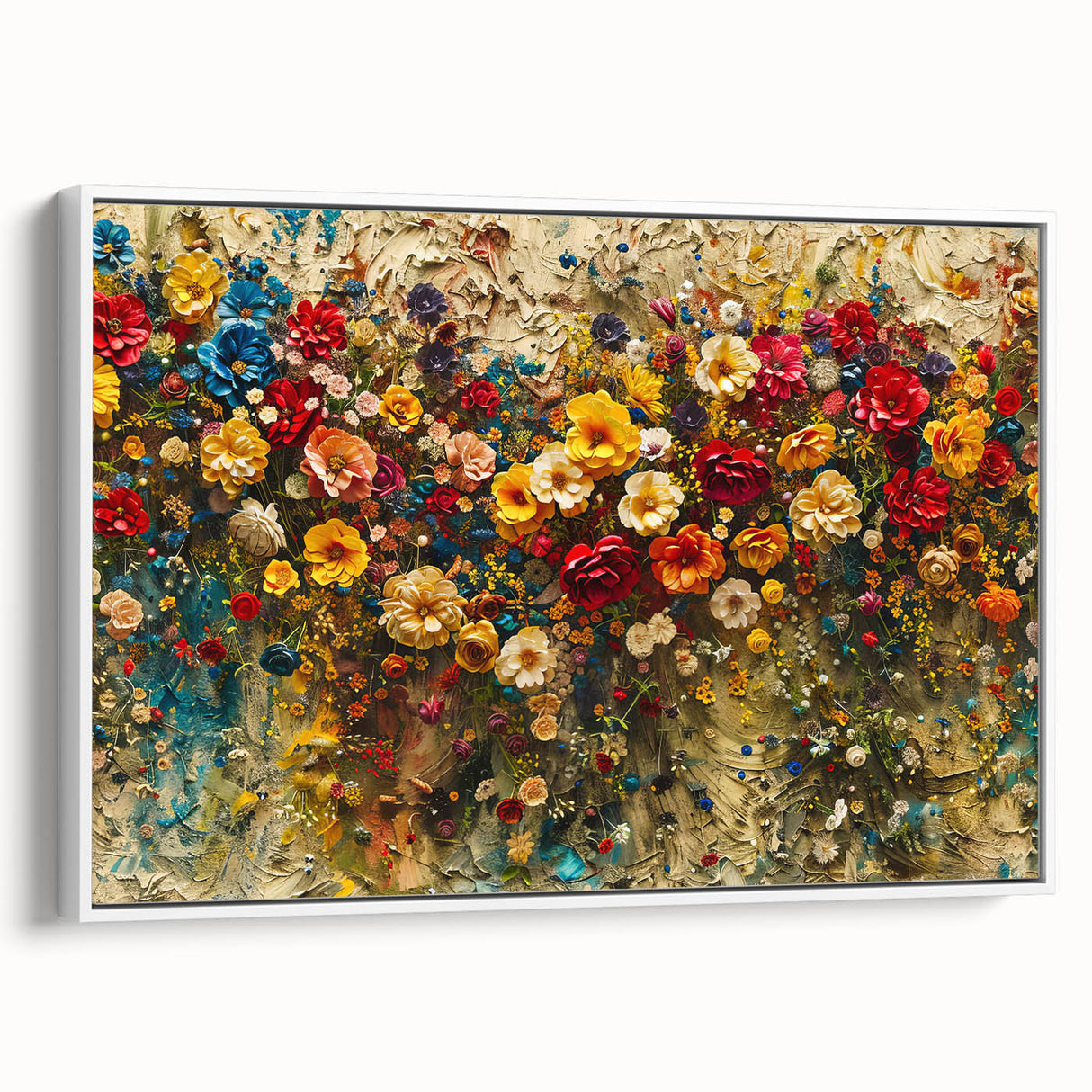 Framed canvas wall art showcasing a vibrant wildflower design with a white frame, ideal for adding a colorful touch to any home decor.